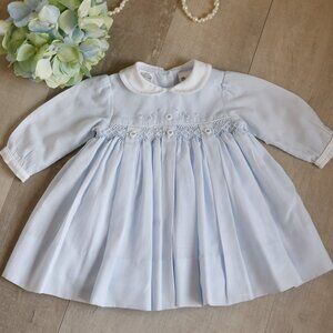 Long Sleeve Blue Smocked Dress Floral Embroidery Sarah Louise Boutique 6 Months